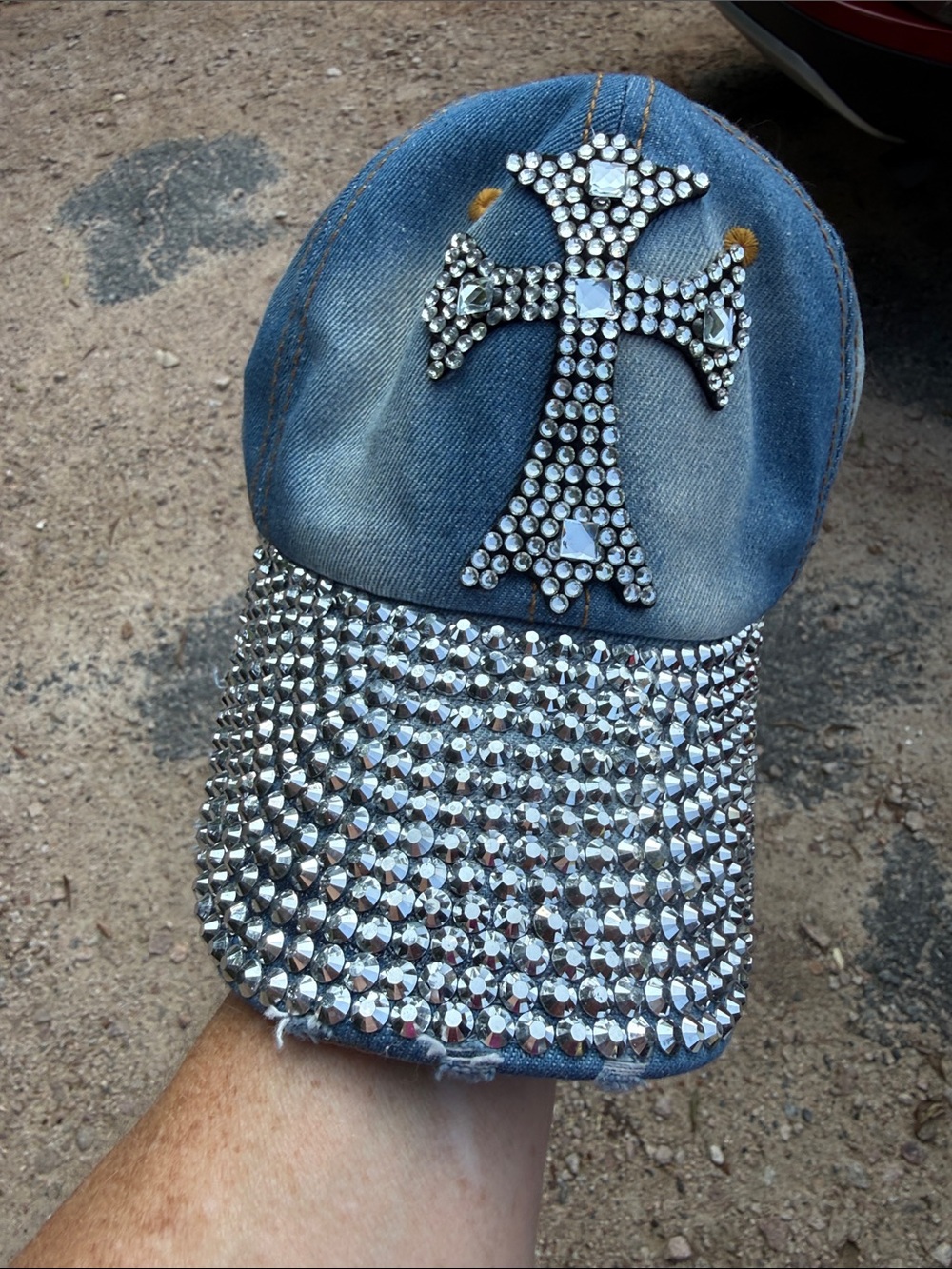 indigo soul Denim Baseball Cap with Rhinestone Cross - Blue